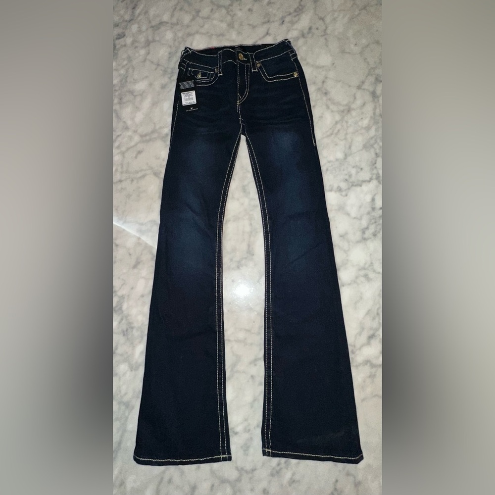 True Religion Becca Big T Flap bootcut Dark Blue Flare Jeans - Picture 1 of 5